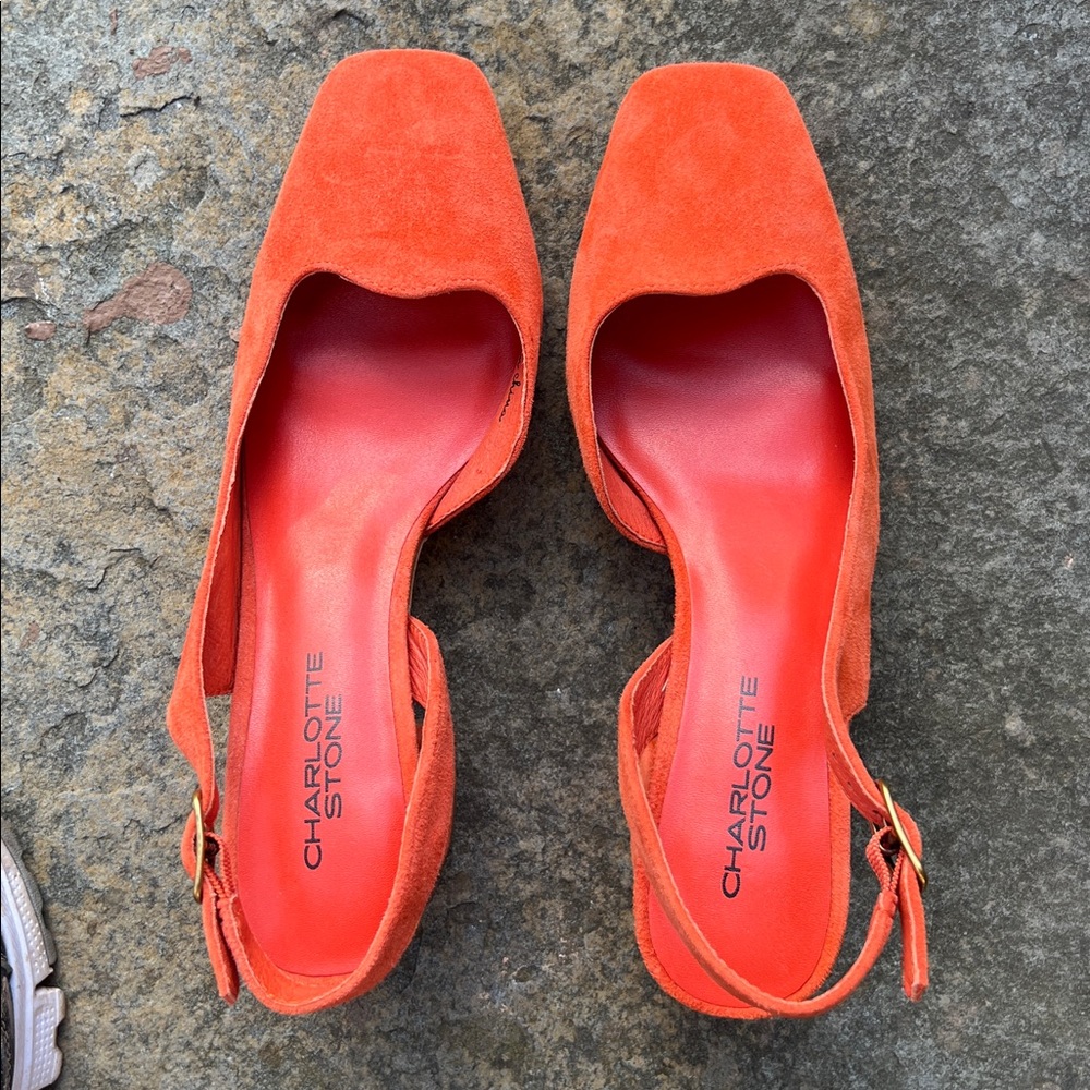 Charlotte Stone Bright Orange Suede Square-Toe Slingbacks - Picture 3 of 6